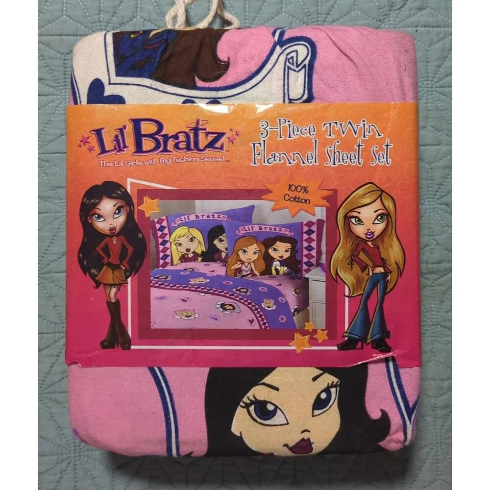 Vtg Y2K Lil Brats Wild Ride 3-Piece Flannel Sheet Set NIP Drawstring Bag Pink